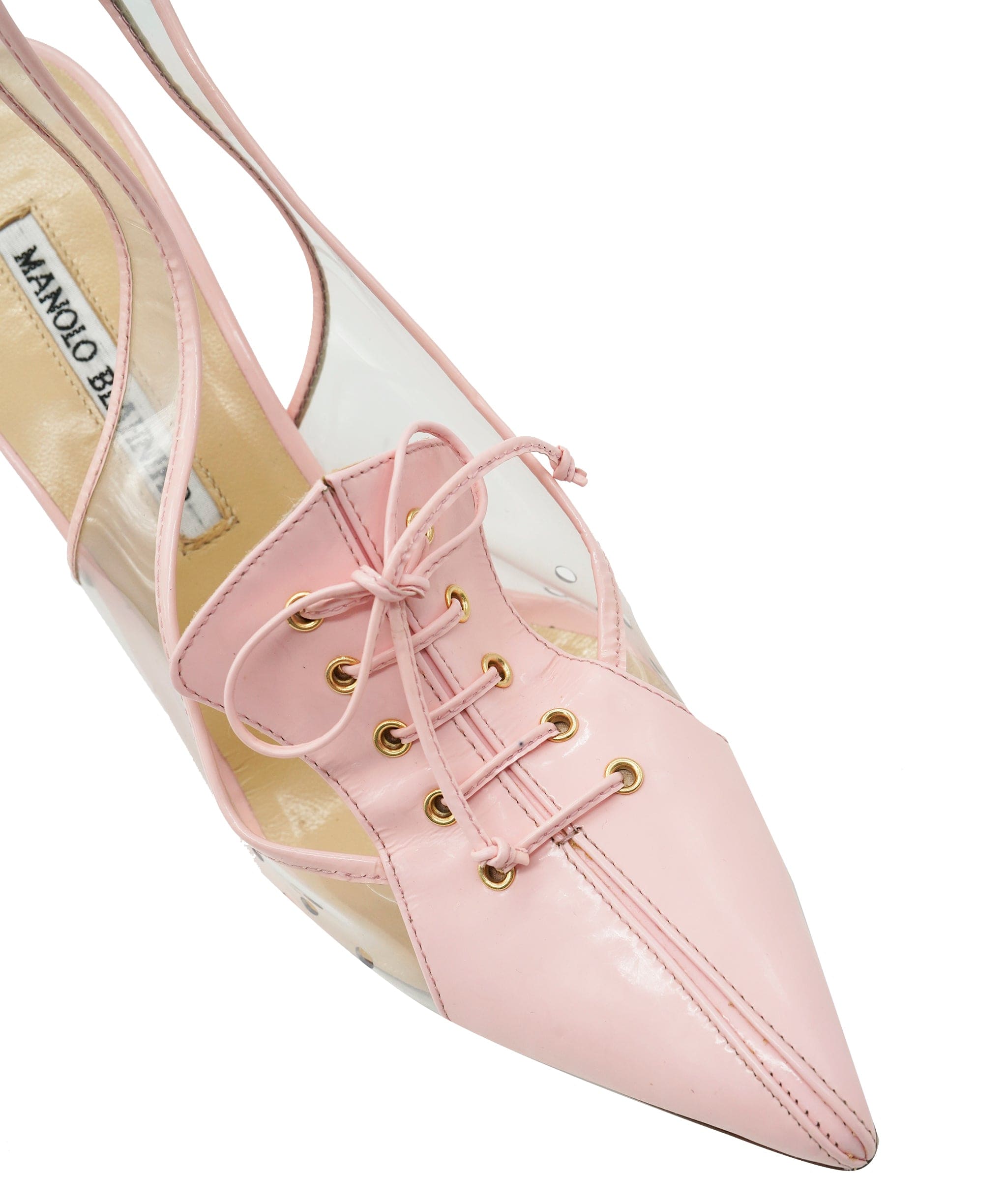 Manolo Blahnik Manolo Blanik Pink Lace Up Court Heels 37  ALC2612