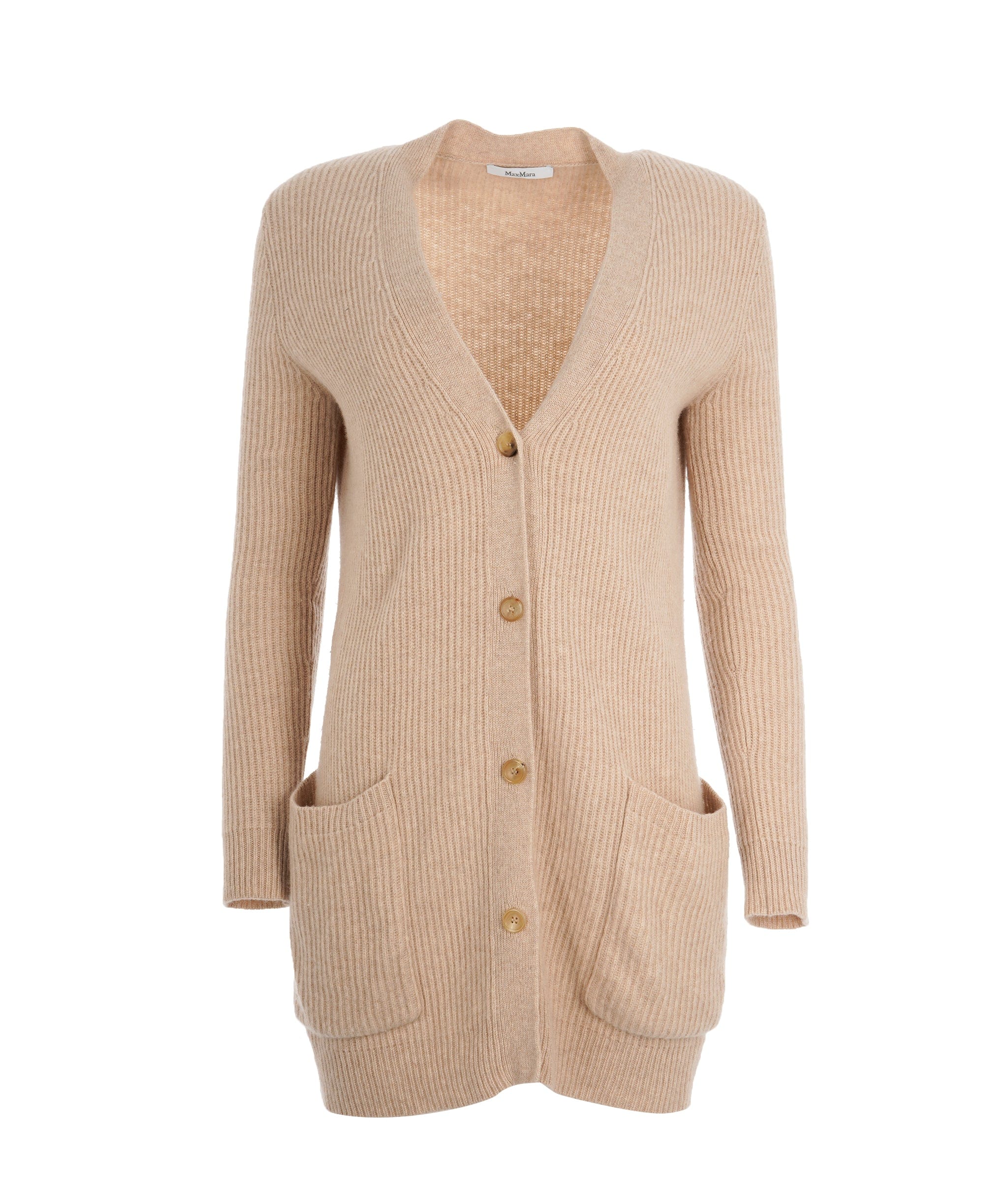 Max Mara Max Mara Beige Cashmere Ribbed Long V-Neck Cardigan ALC2191