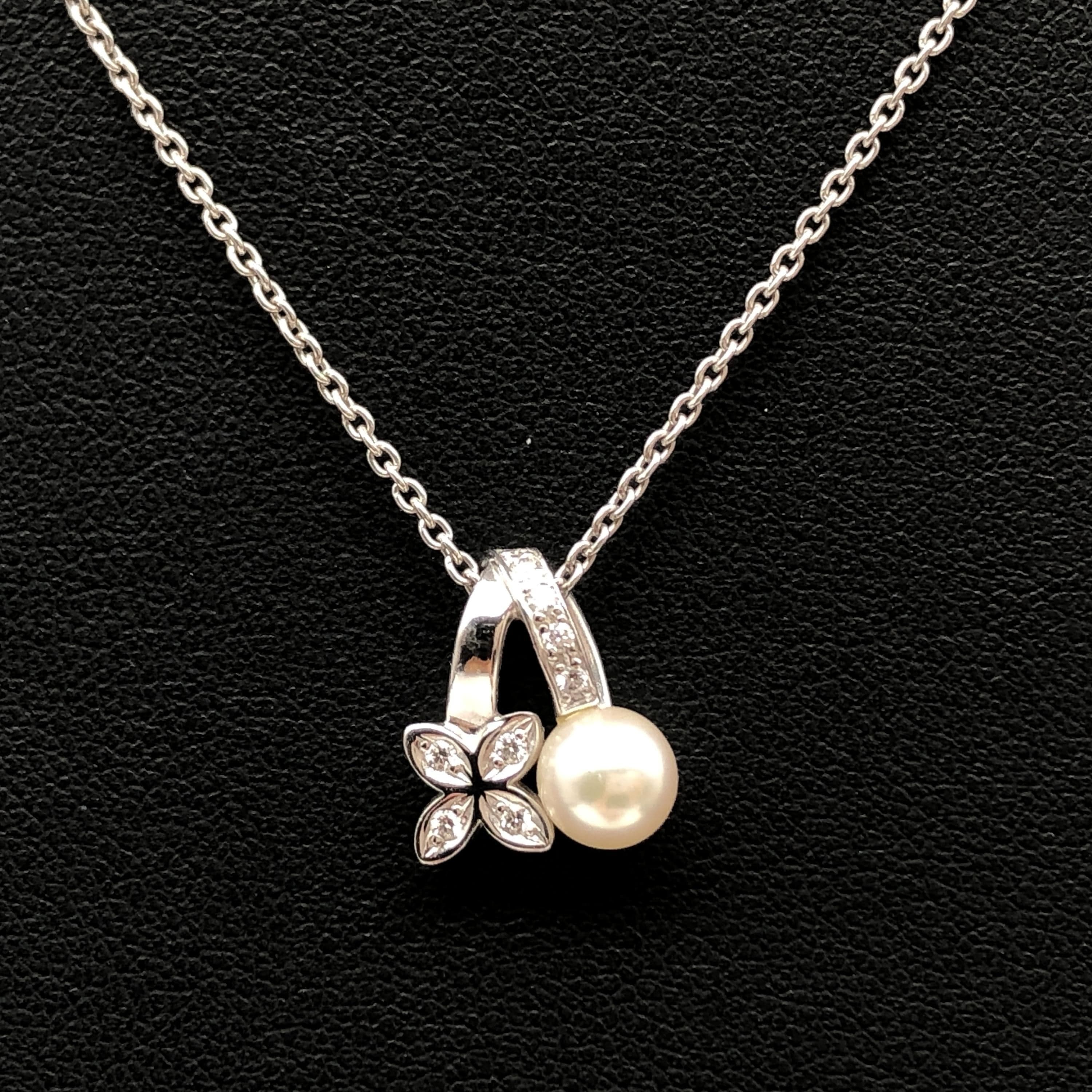 Mikimoto Mikimoto 1P Pearl & Flower Motif Diamond Necklace, P(Aprox 5.5mm), K18WG, 4.6g, 16inch ALC3287