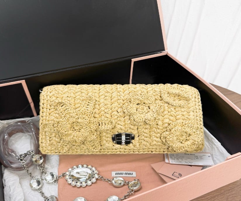 Miu Miu Miu Miu Raffia Rhinestone Buckle Shoulder Bag 28 21563227