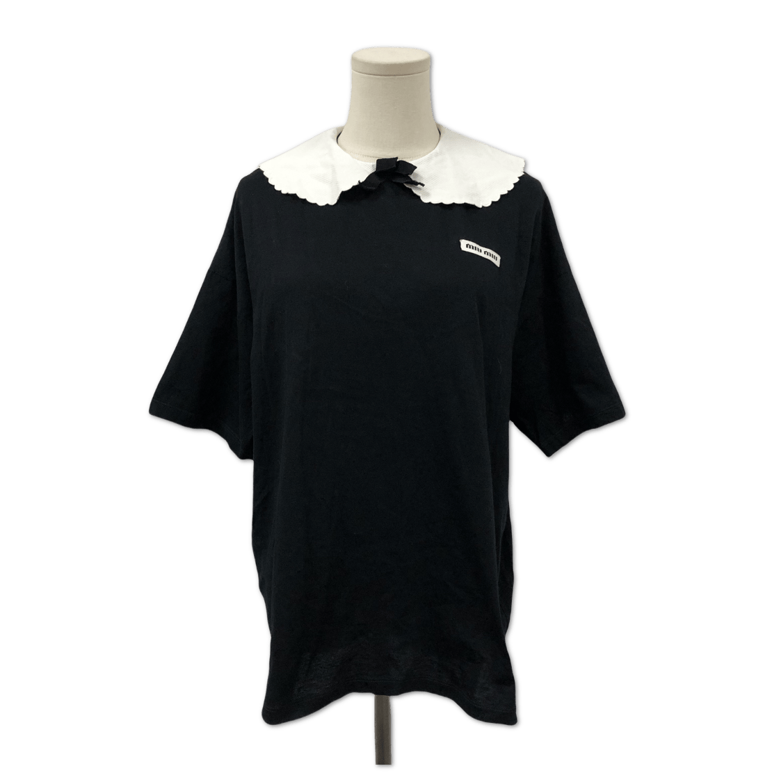 Miu Miu Miu Miu Black Scalloped Collar Bow Logo T-Shirt size S C1364556257