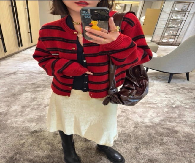 Miu Miu Miu Miu FW24 Red and Black Striped Wool Cardigan with Gold Buttons / Size 36 / 99% New / 45278