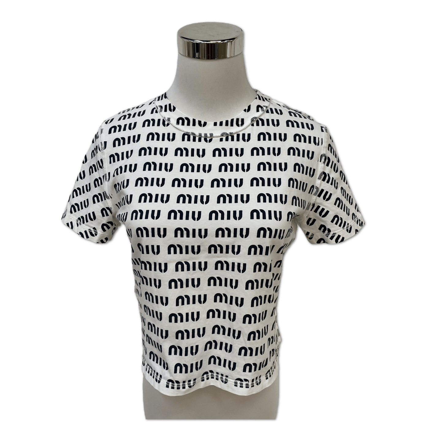 Miu Miu Miu Miu White and Black All-Over Logo Print T-Shirt size S C16969631247