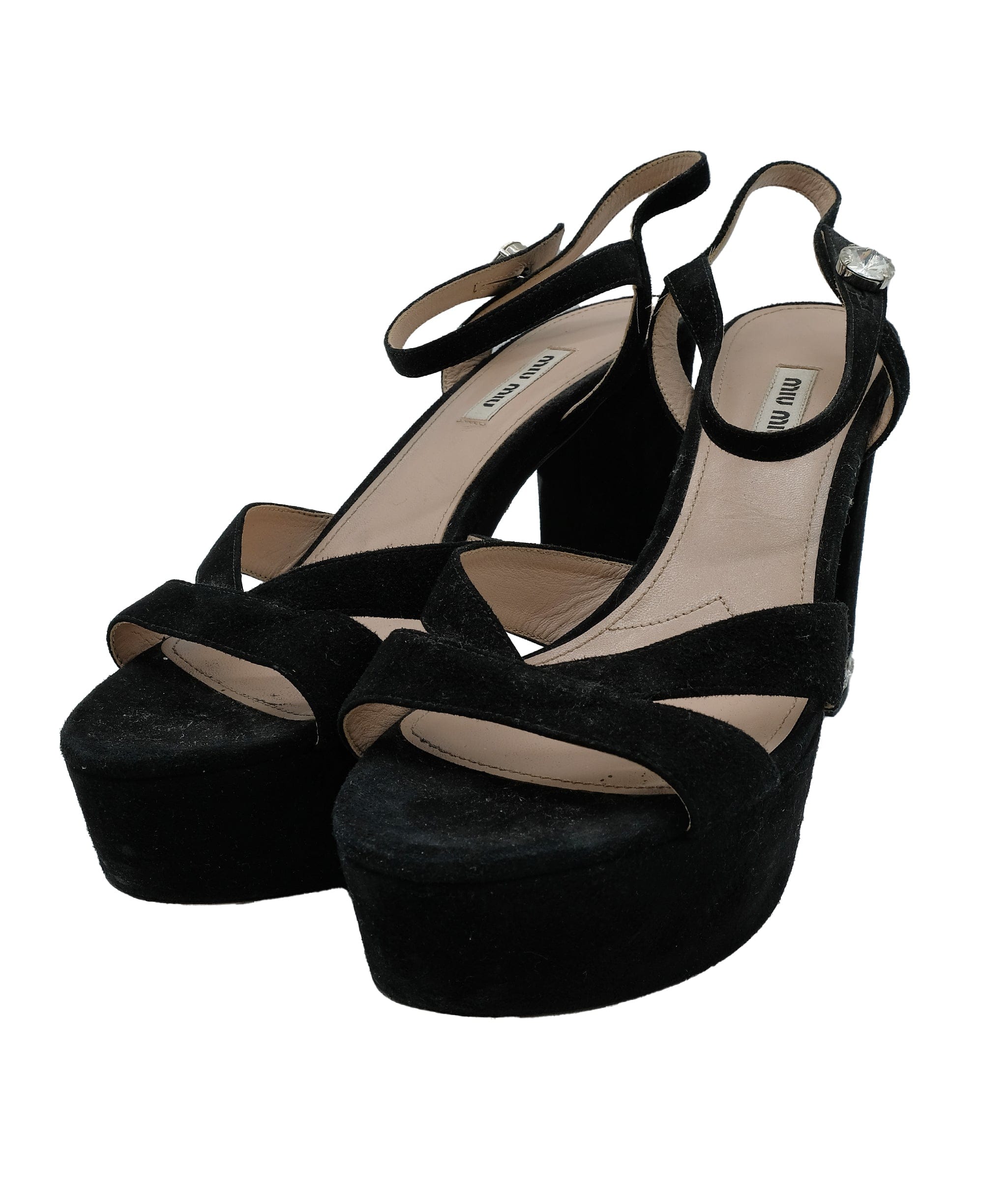 Miumiu Miu Miu Suede Flatform Sandals w/ Crystal Embellished Black Size 40 RJC2892
