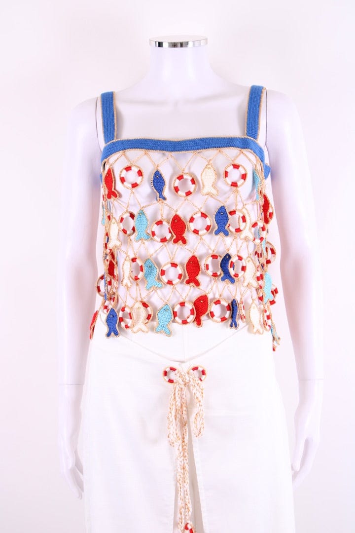 My Beachy Side My Beachy Side Poisson Crochet Top & Trousers Set Blue/ White M
