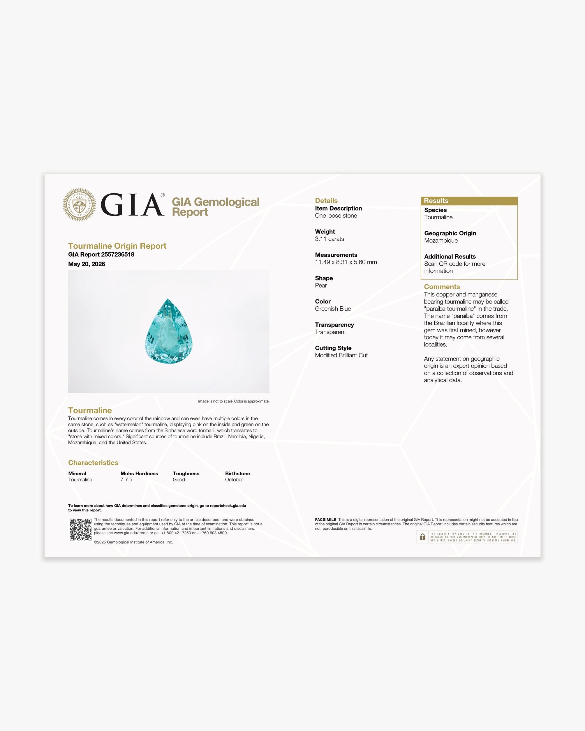 3.11ct Paraiba Tourmaline Pear Gemstone