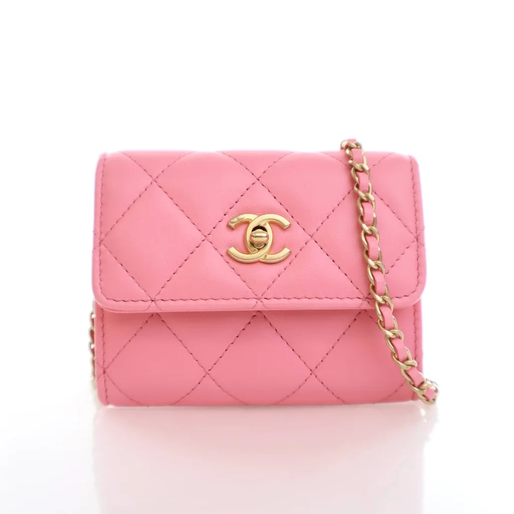 Chanel Mini Pink Lambskin Pearl Crush Clutch On Chain