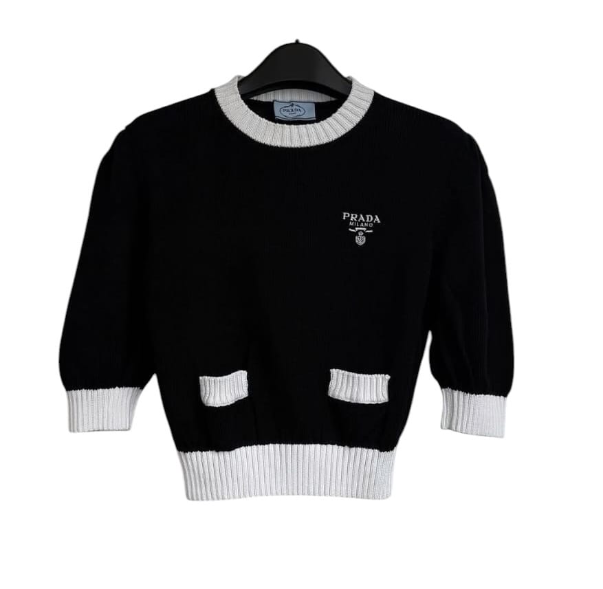 Prada Prada Black/White Ribbed Cotton Sweater Sz 38 SYCYA123