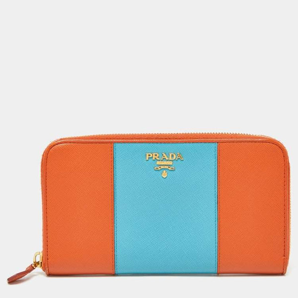 Prada Prada Orange/Blue Saffiano Metal Zip Around Wallet ASCLC1813