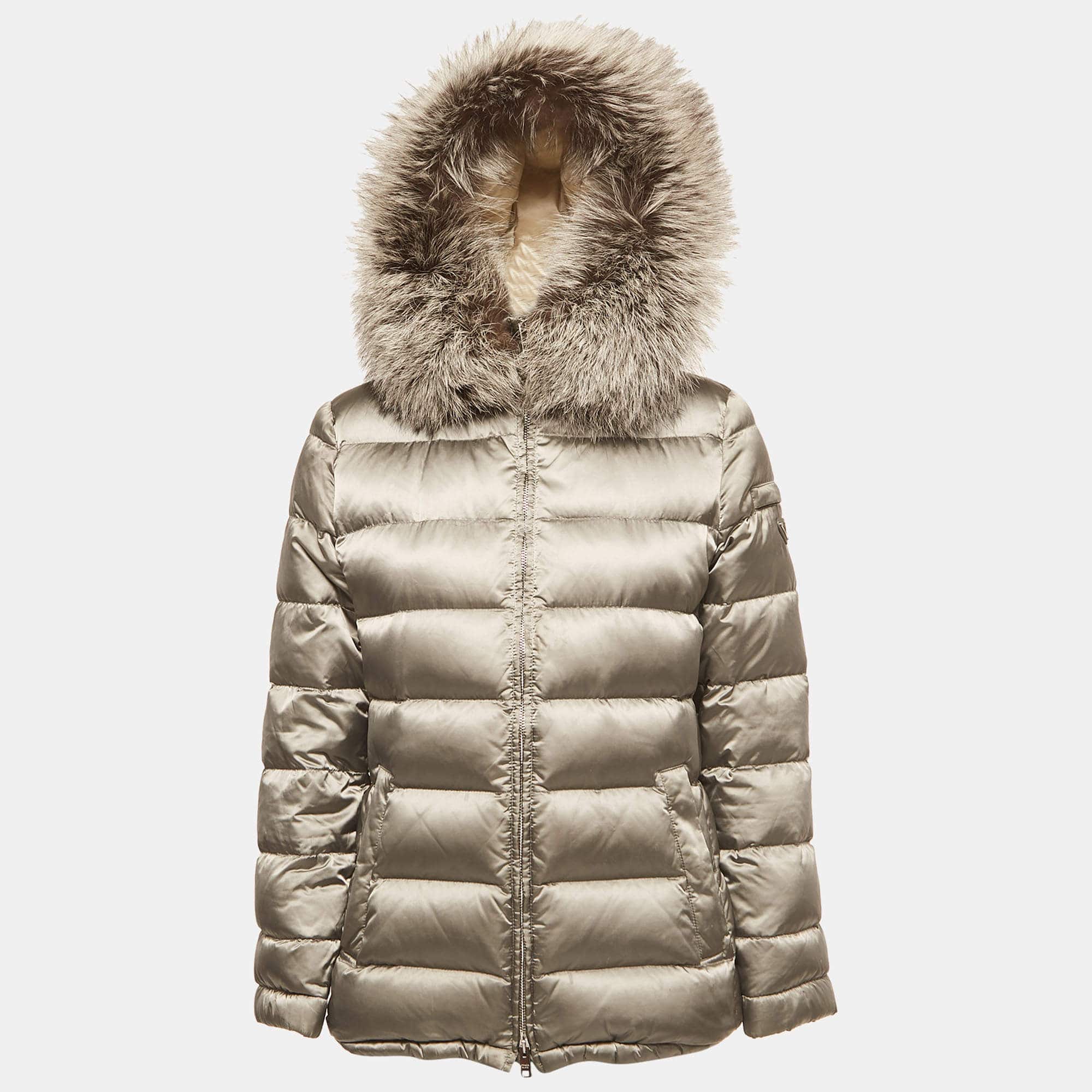 Prada Prada Grey Nylon Fur Trimmed Hood Quilted Down Jacket M ASCLC1456