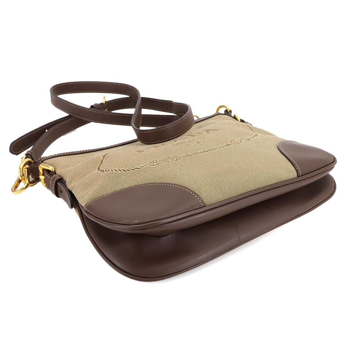 PRADA Logo Jacquard Shoulder Bag Canvas Leather Beige Brown Purse