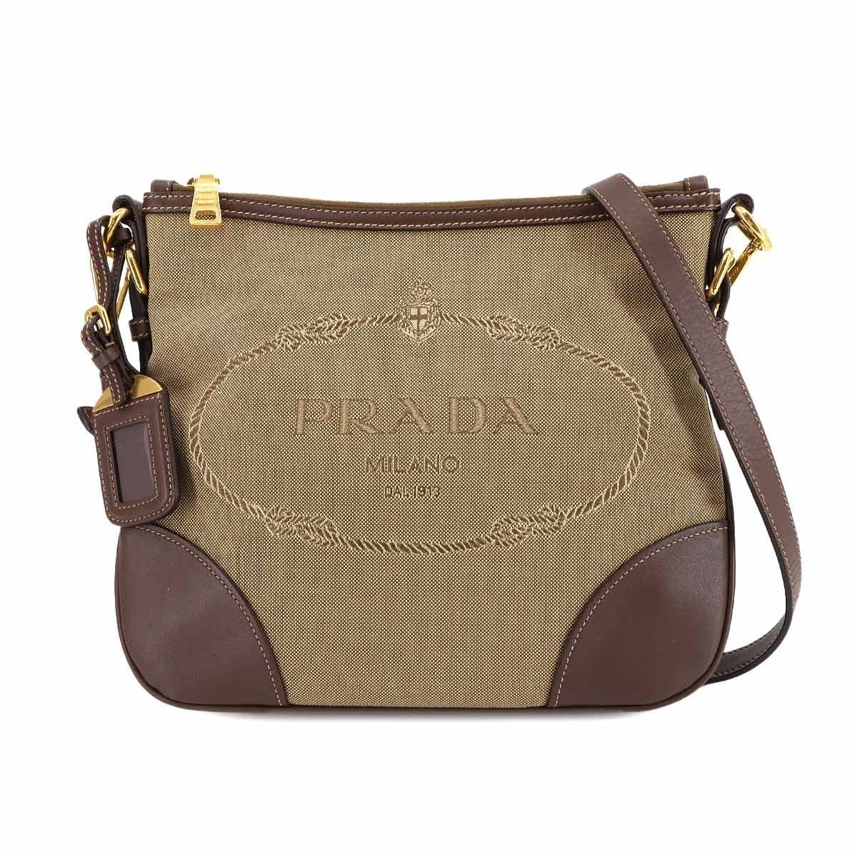 PRADA Logo Jacquard Shoulder Bag Canvas Leather Beige Brown Purse
