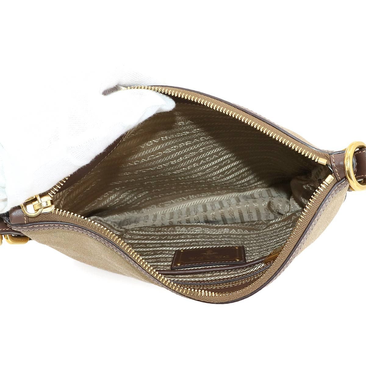 PRADA Logo Jacquard Shoulder Bag Canvas Leather Beige Brown Purse