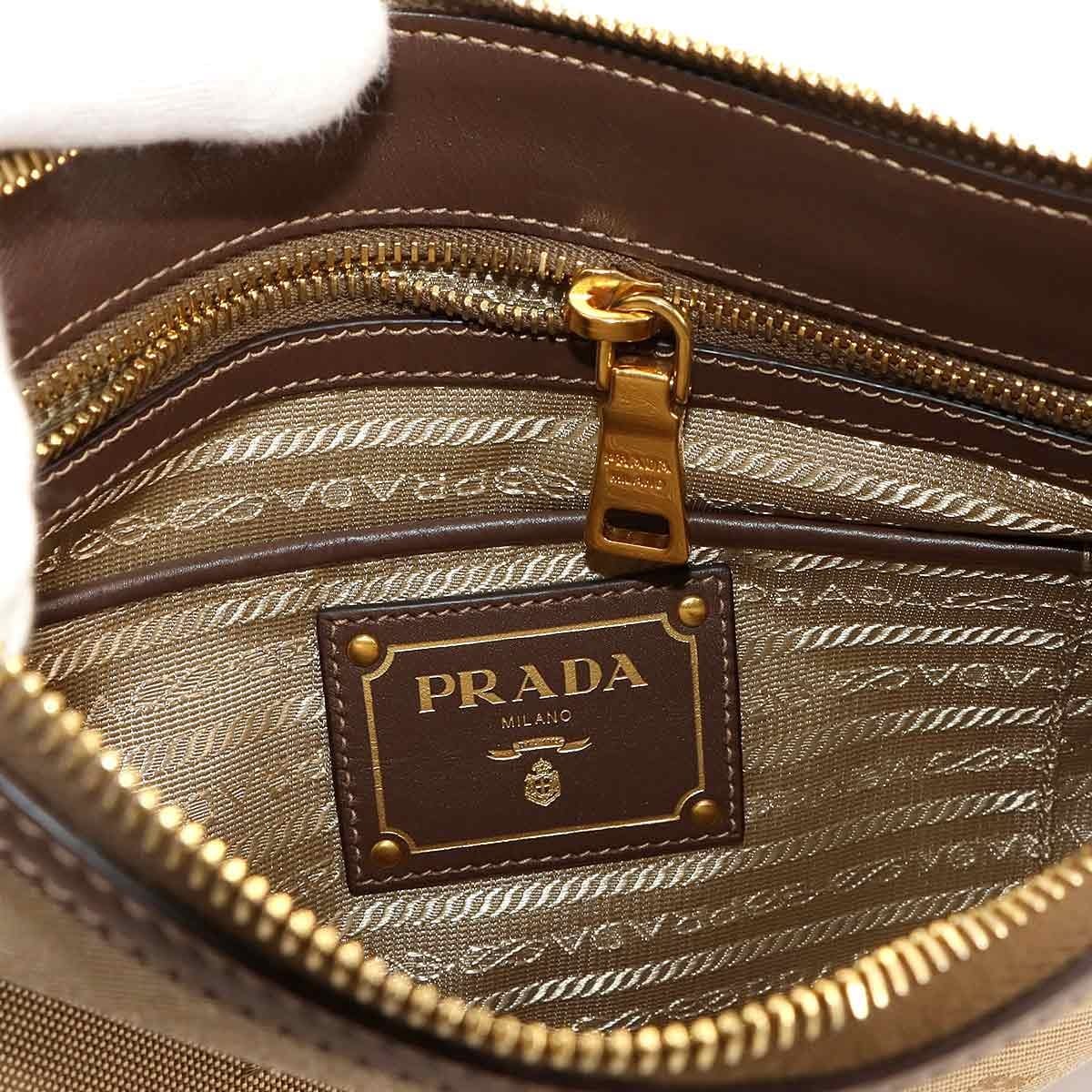 PRADA Logo Jacquard Shoulder Bag Canvas Leather Beige Brown Purse