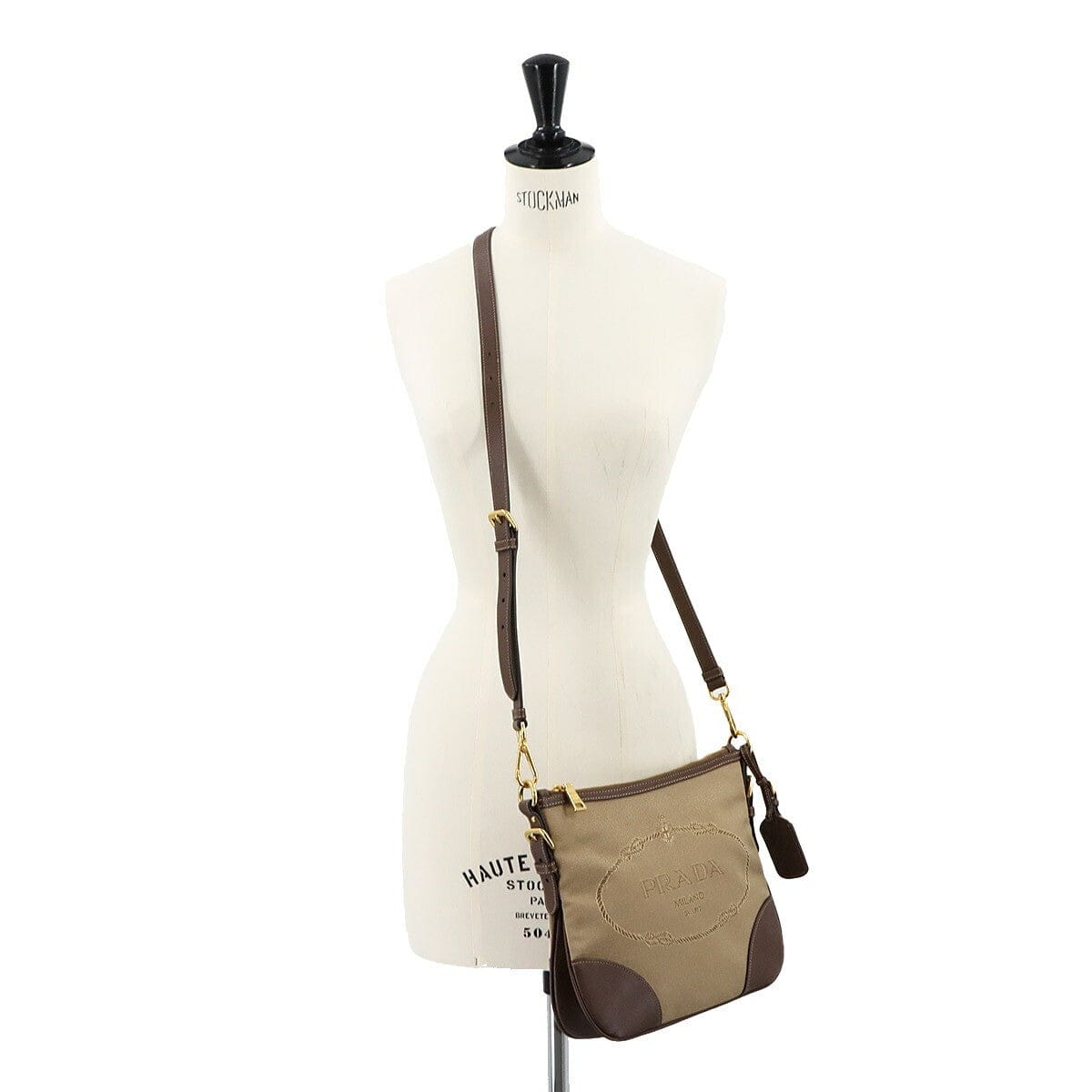 PRADA PRADA Logo Jacquard Shoulder Bag Canvas Leather Beige Brown Purse 90301551