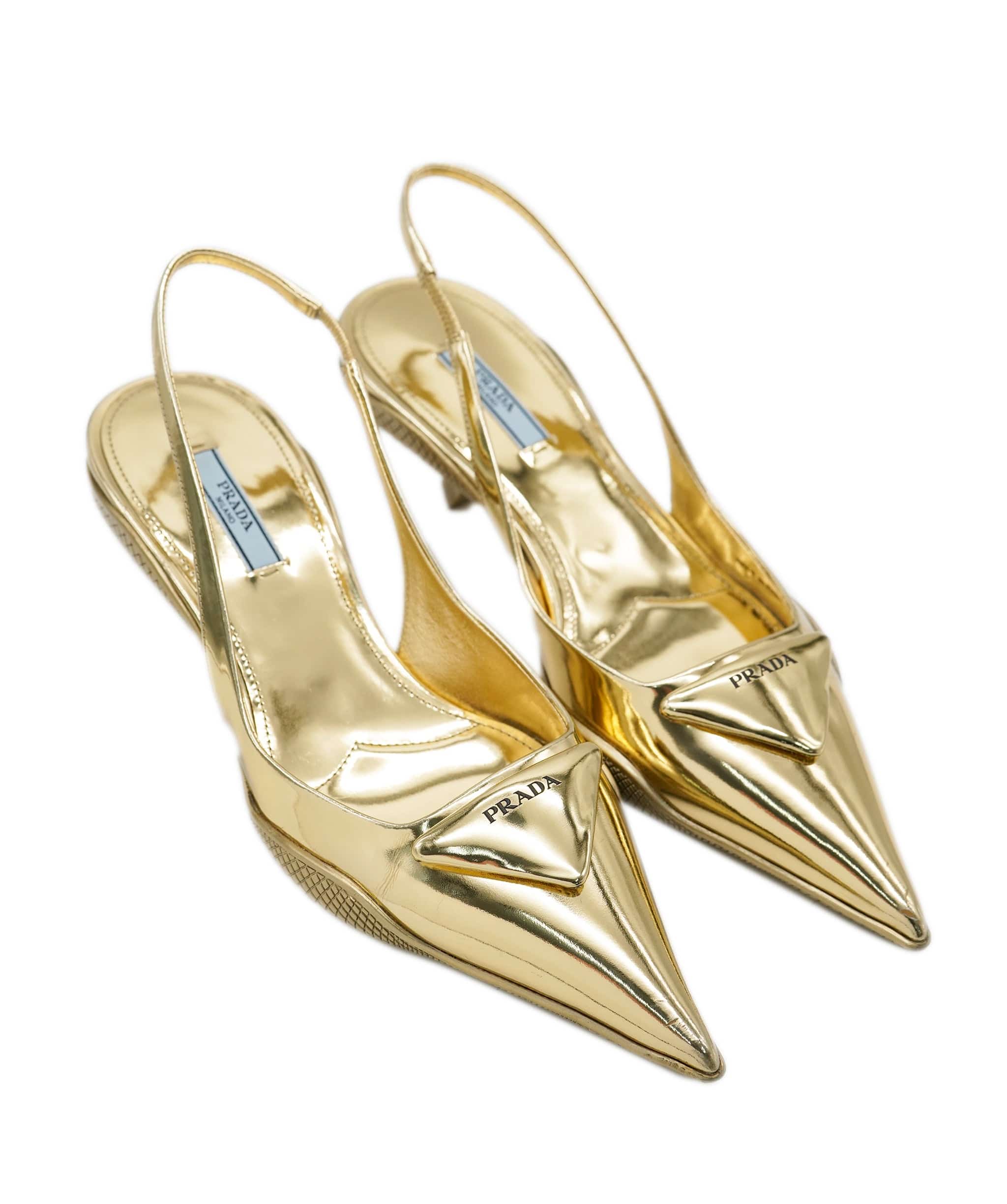 Prada Prada Gold Pointy Heels 38 *From Hannah Stafford Taylors Wardrobe * ALC1423