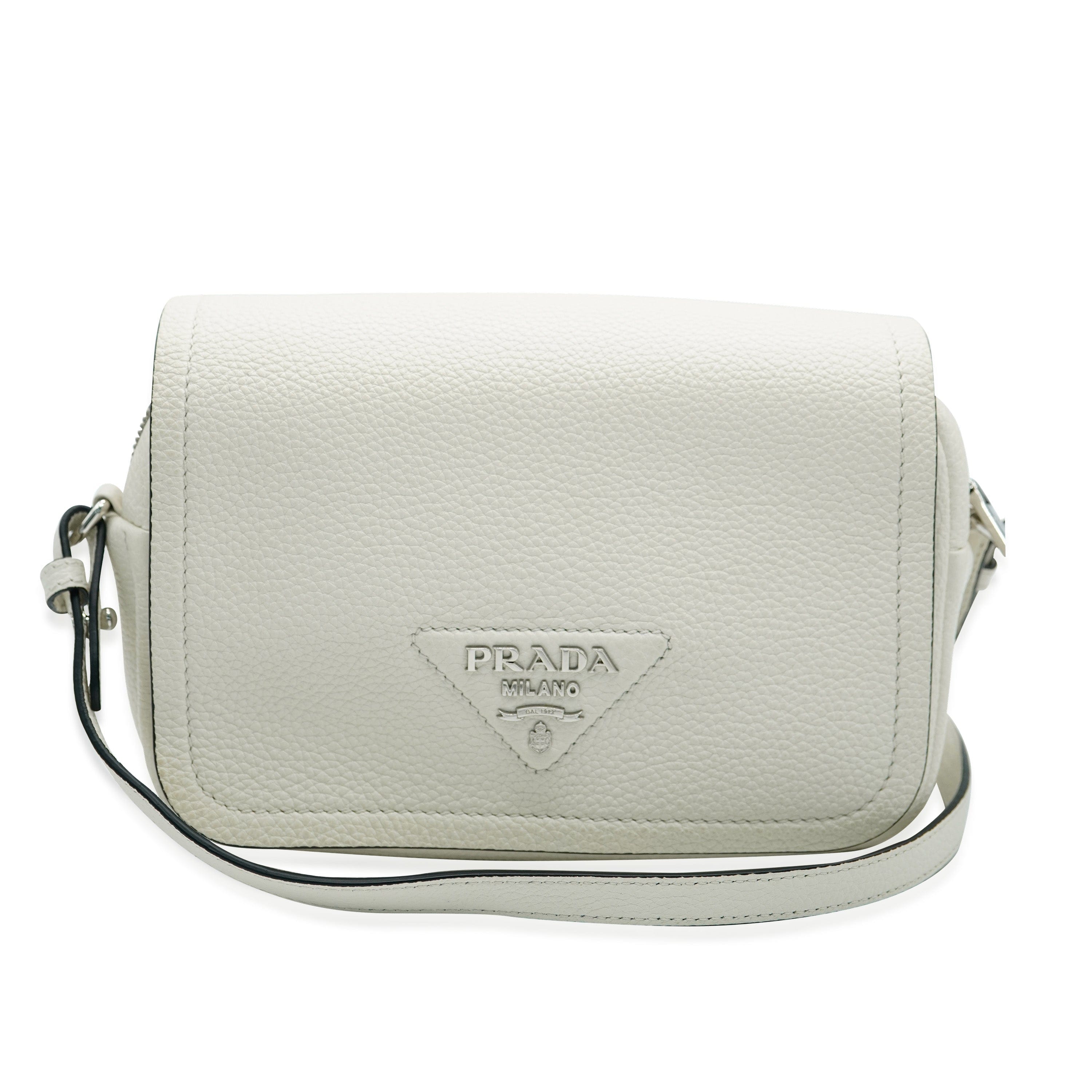 Prada Prada White Vitello Daino Logo Crossbody Flap Bag