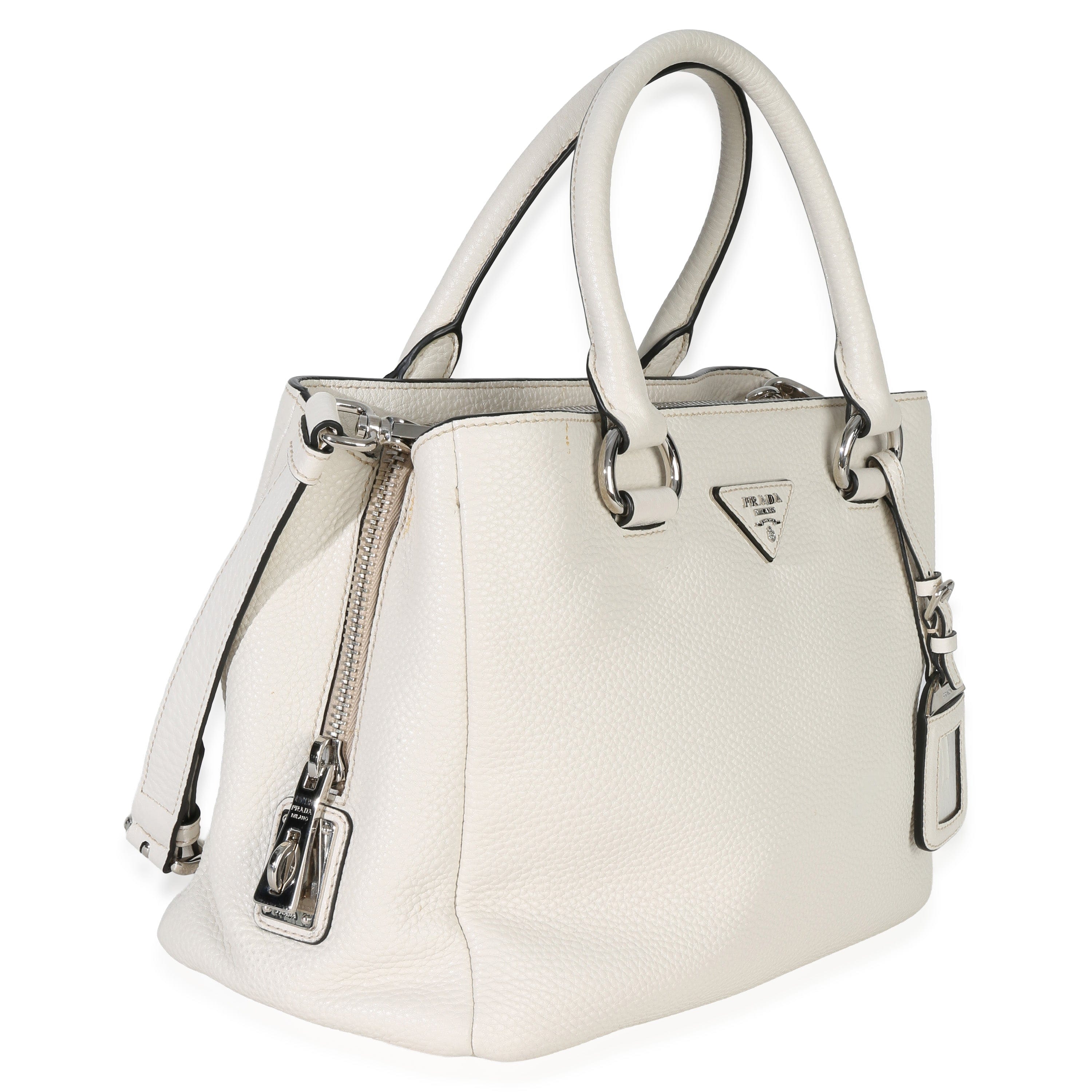Prada White Vitello Daino Double Zip Shopping Tote