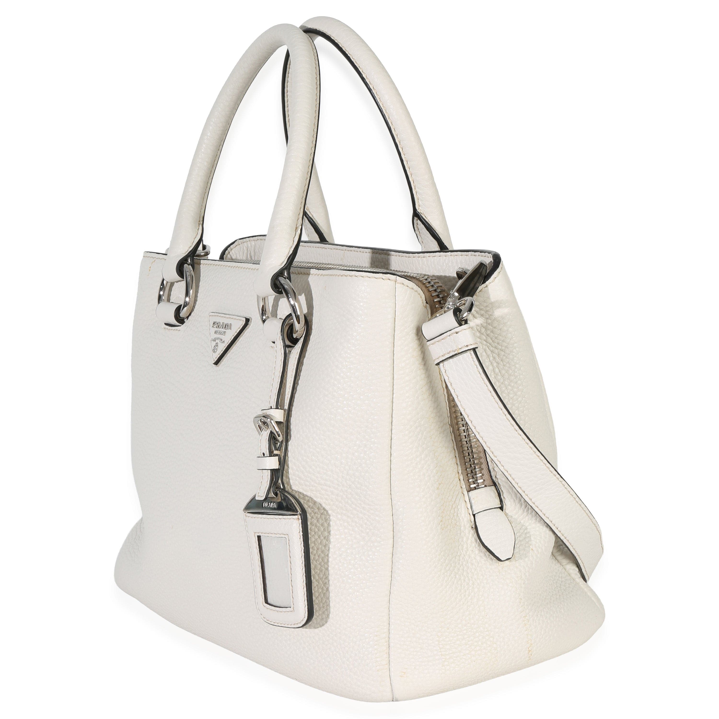 Prada White Vitello Daino Double Zip Shopping Tote