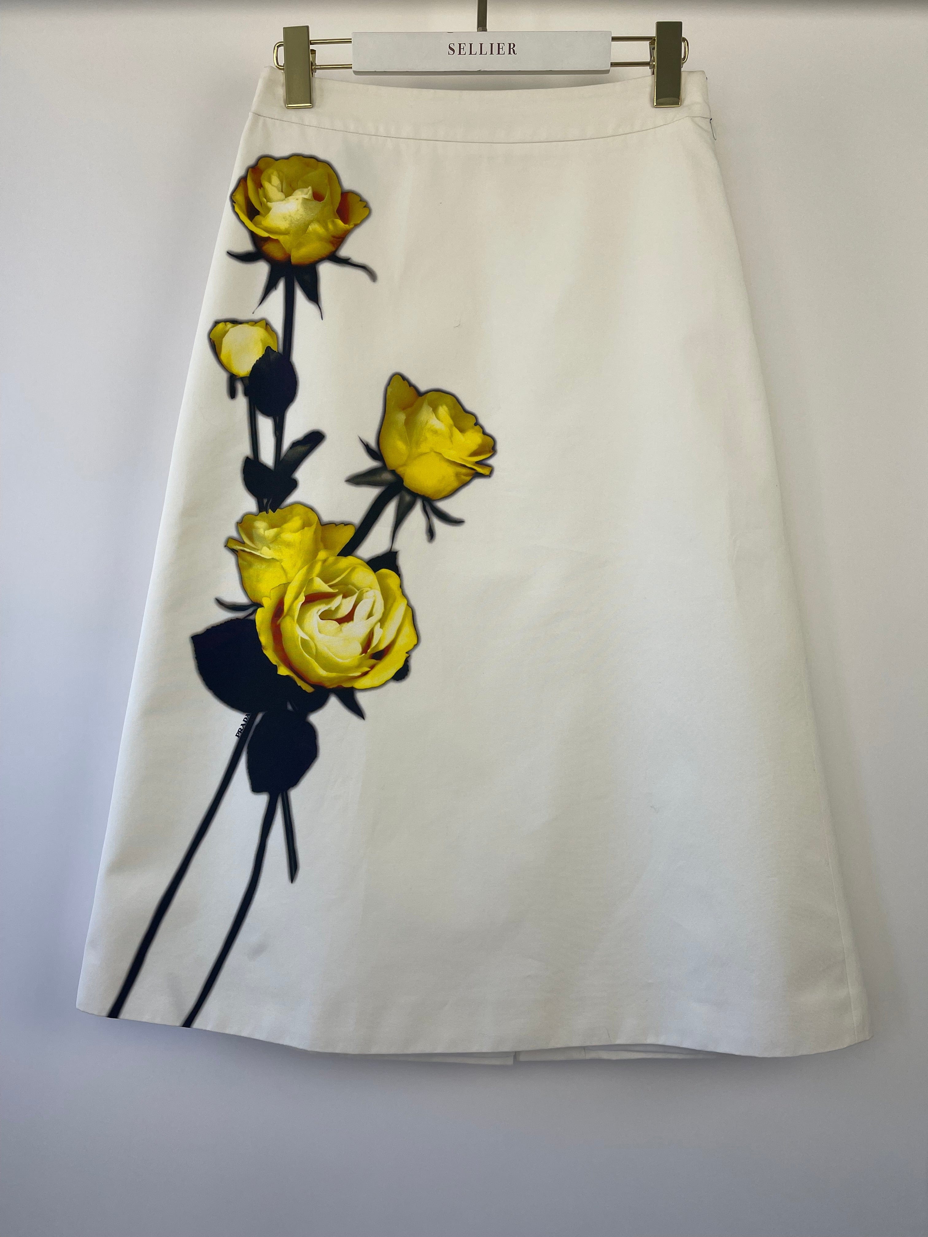 PRADA Prada White, Yellow Floral Printed Midi Skirt IT 42 (UK 10)