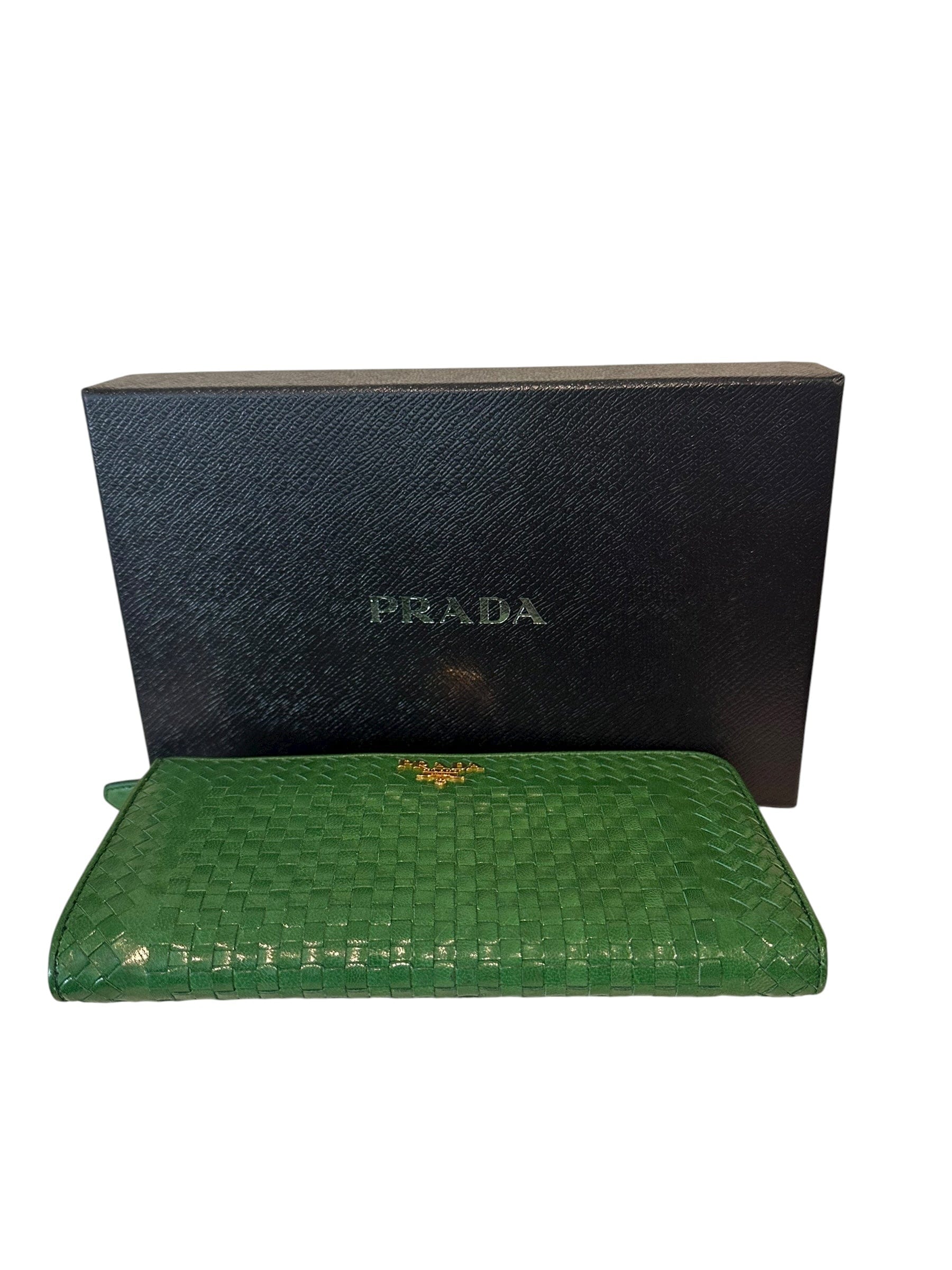 Prada Prada Green Leather Weave Long Wallet