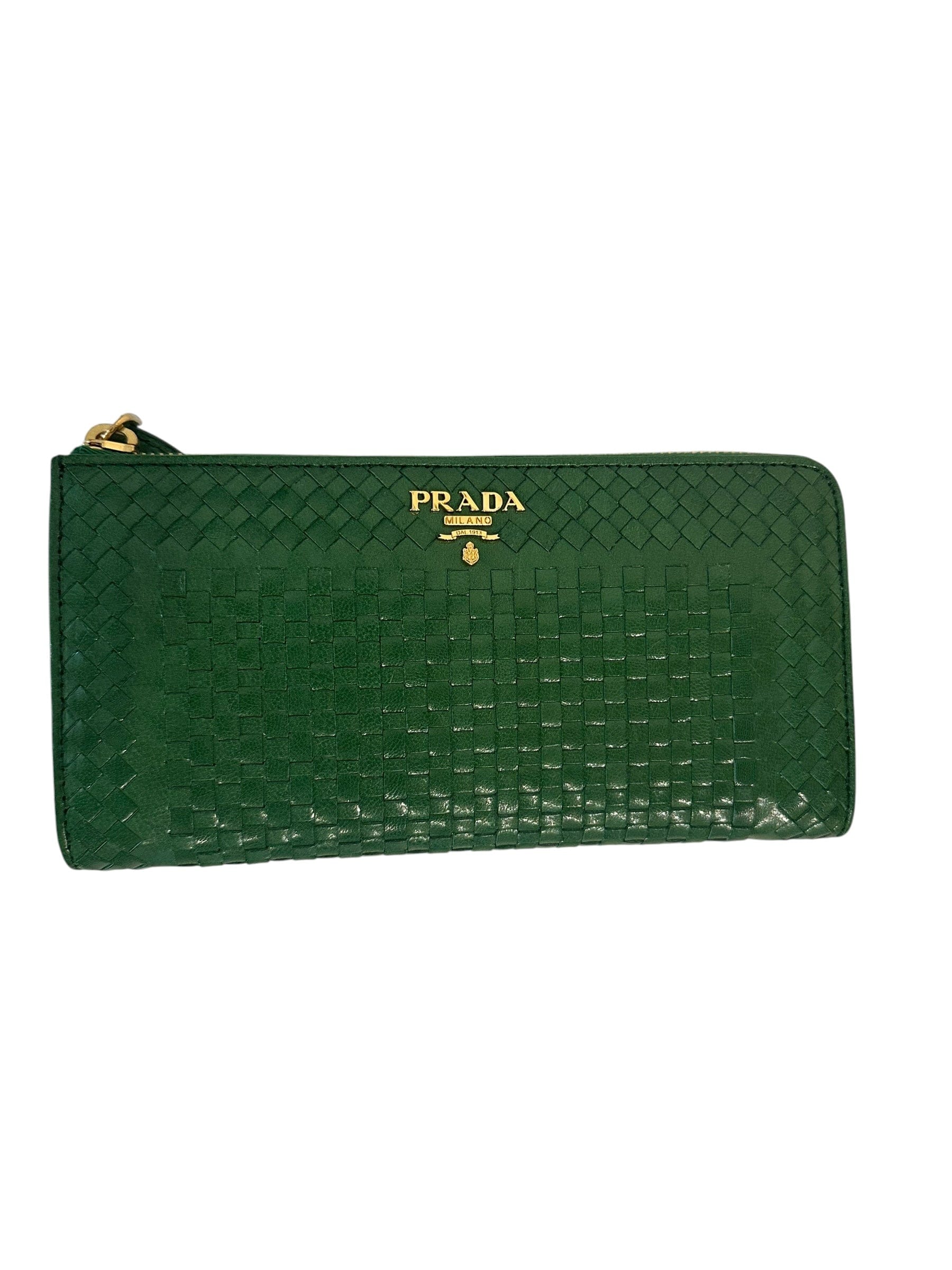 Prada Prada Green Leather Weave Long Wallet