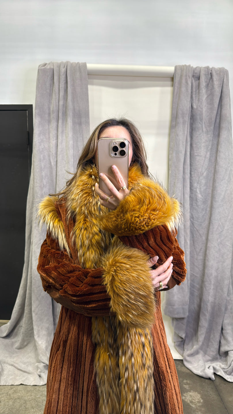 Sheared Beaver With Raccoon Collar, Cuffs And Bottom Coat - Orange GM21061535998