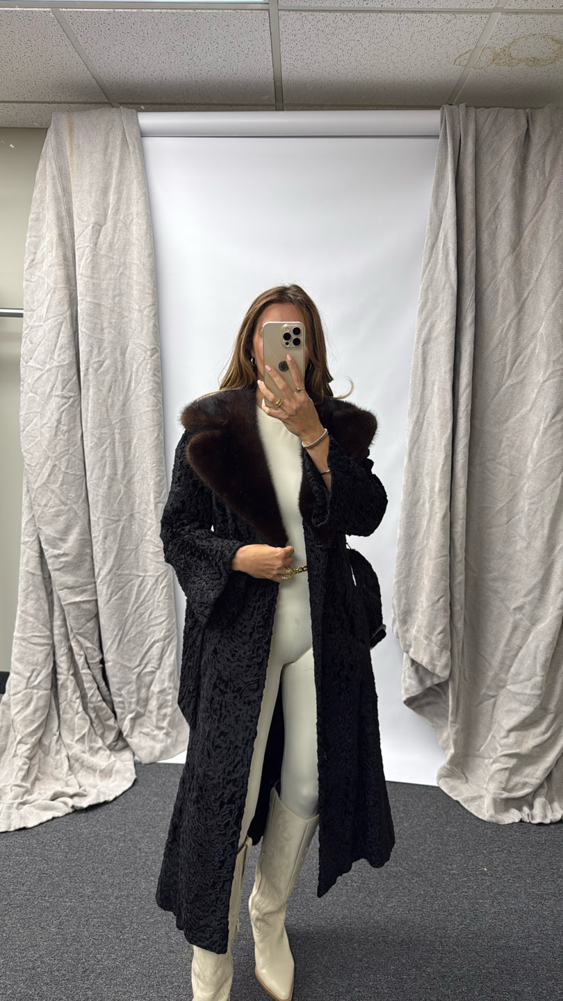 BROWN SWAKARA LAMB COAT WITH MINK COLLAR