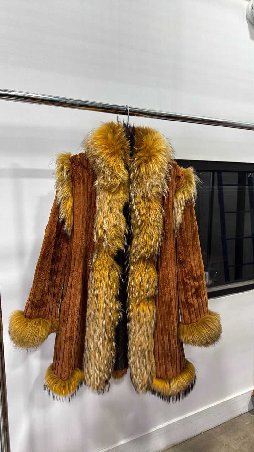 Sheared Beaver With Raccoon Collar, Cuffs And Bottom Coat - Orange GM21061535998