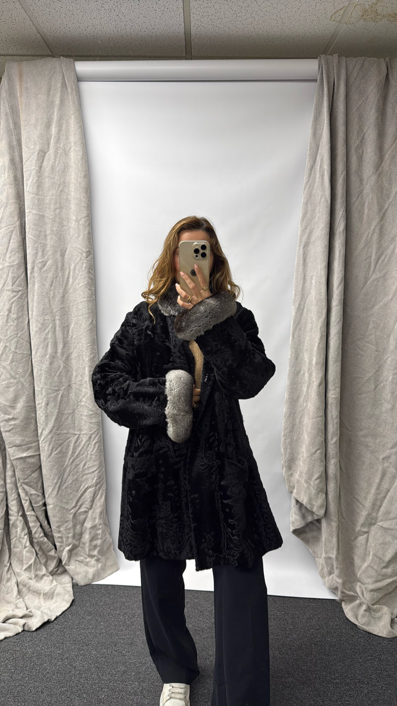 Black Persian Lamb Jacket w/ Chinchilla Collar/Cuffs Black