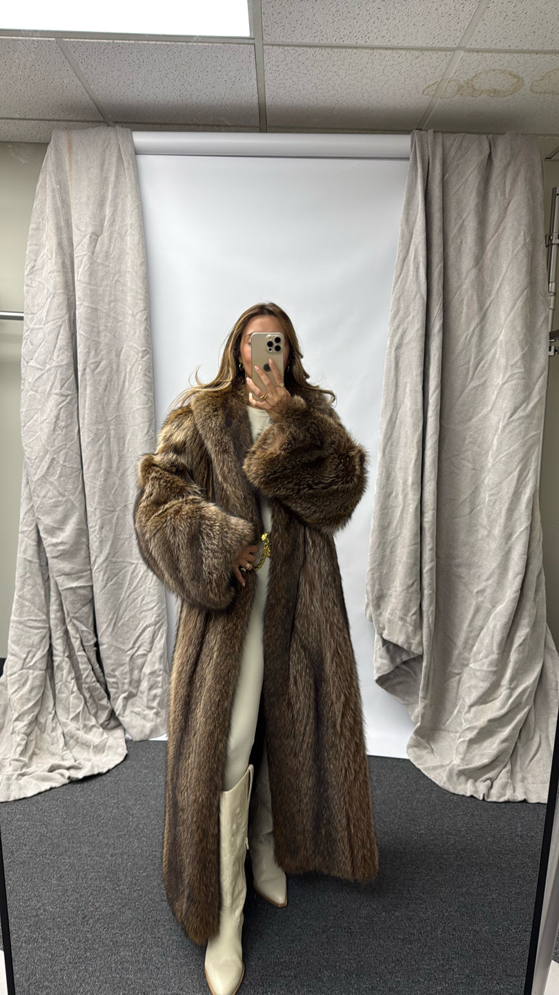 Fischer Raccoon Shawl Directional Sleeve Coat Brown