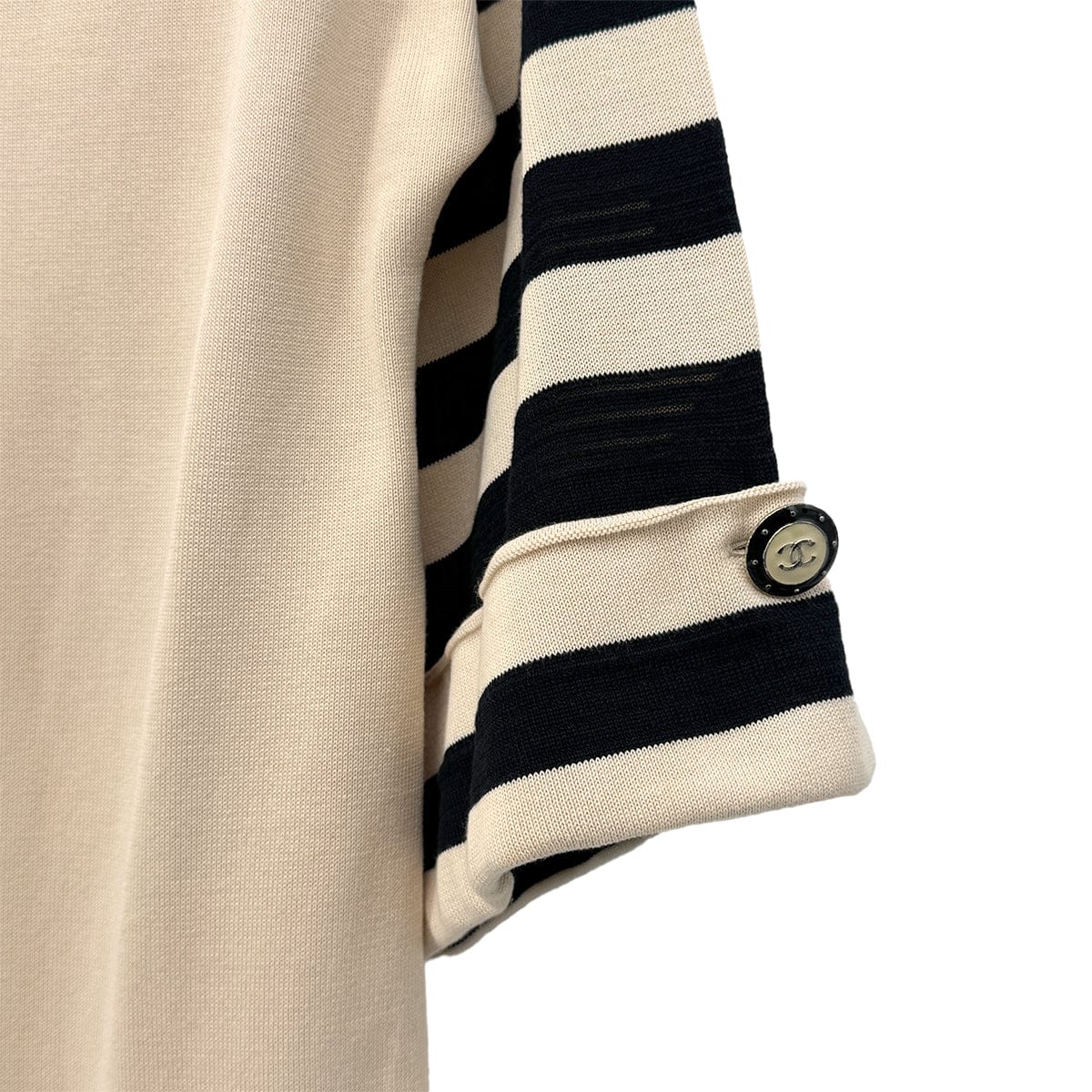 PURPOSE CHANEL COCO BUTTON GONDOLA CHARM BORDER KNIT DRESS 2014 BEIGE COTTON 36 P47 RTW 90292122