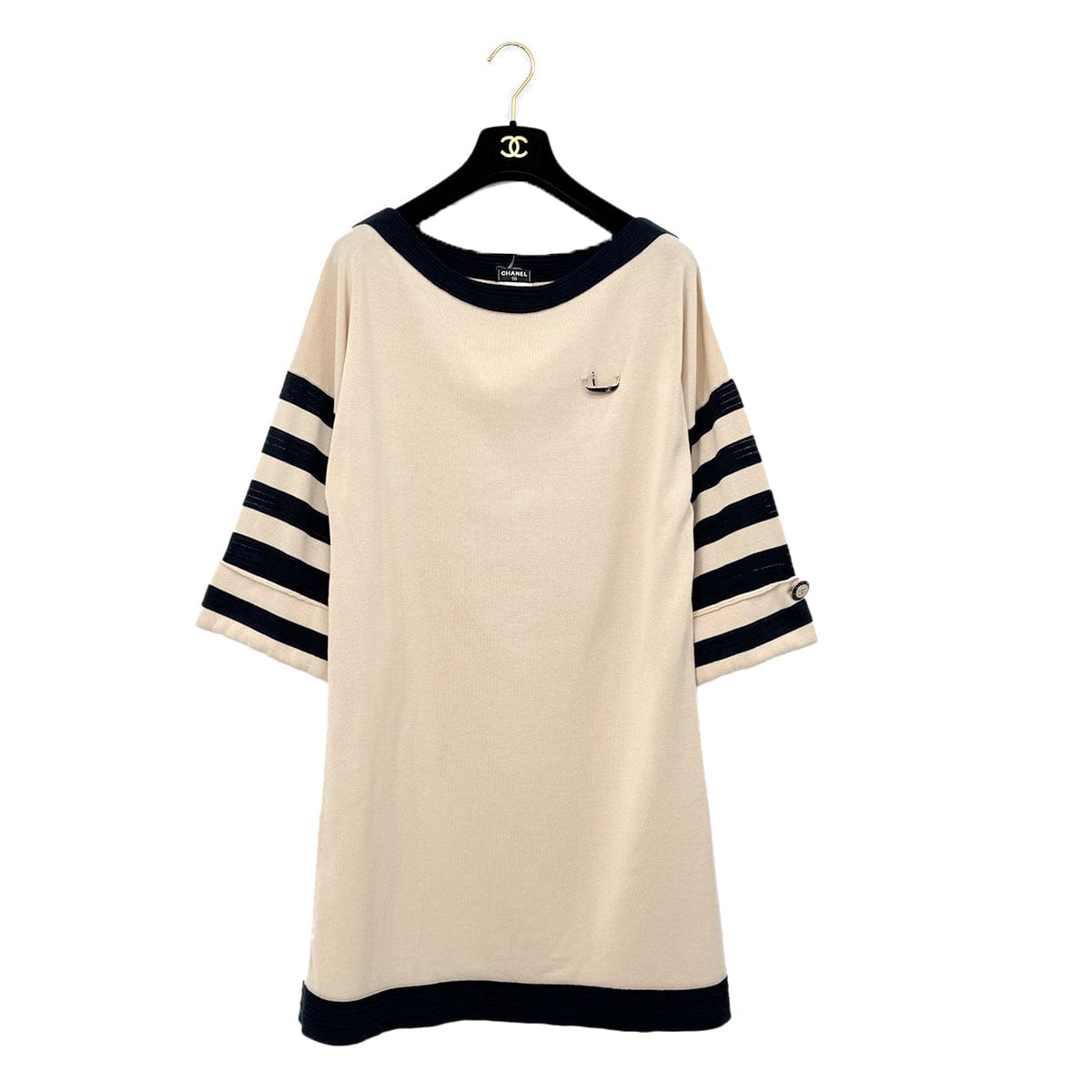 PURPOSE CHANEL COCO BUTTON GONDOLA CHARM BORDER KNIT DRESS 2014 BEIGE COTTON 36 P47 RTW 90292122