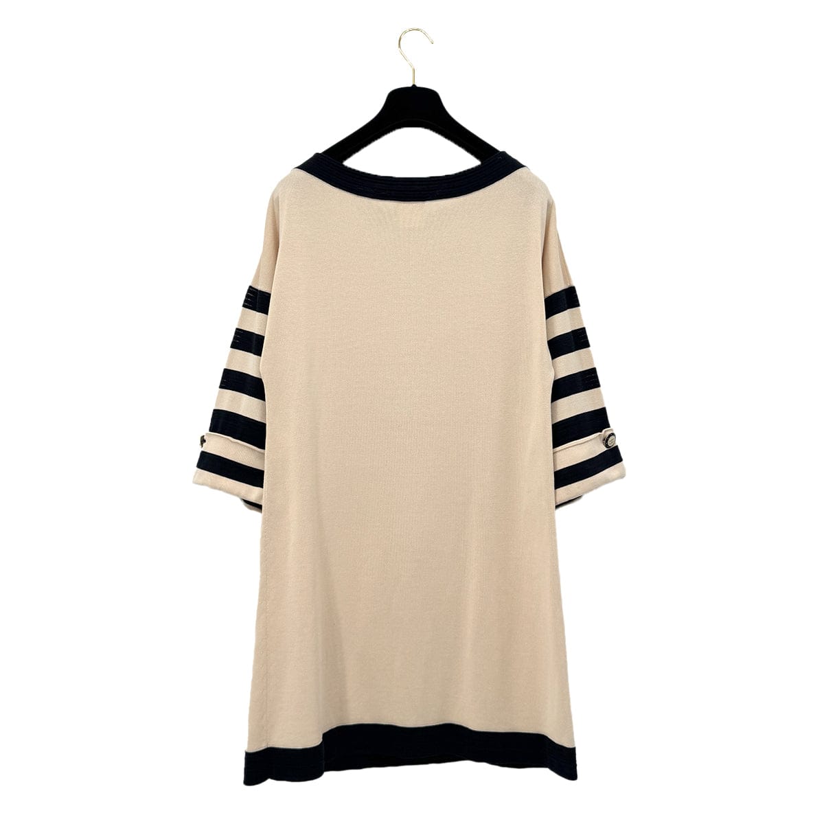 PURPOSE CHANEL COCO BUTTON GONDOLA CHARM BORDER KNIT DRESS 2014 BEIGE COTTON 36 P47 RTW 90292122