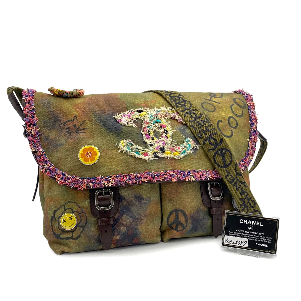 PURPOSE CHANEL EMBROIDERY GRAFFITI SHOULDER MESSENGER BAG KHAKI CANVAS LEATHER 90325599