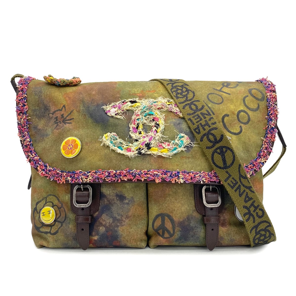 PURPOSE CHANEL EMBROIDERY GRAFFITI SHOULDER MESSENGER BAG KHAKI CANVAS LEATHER 90325599