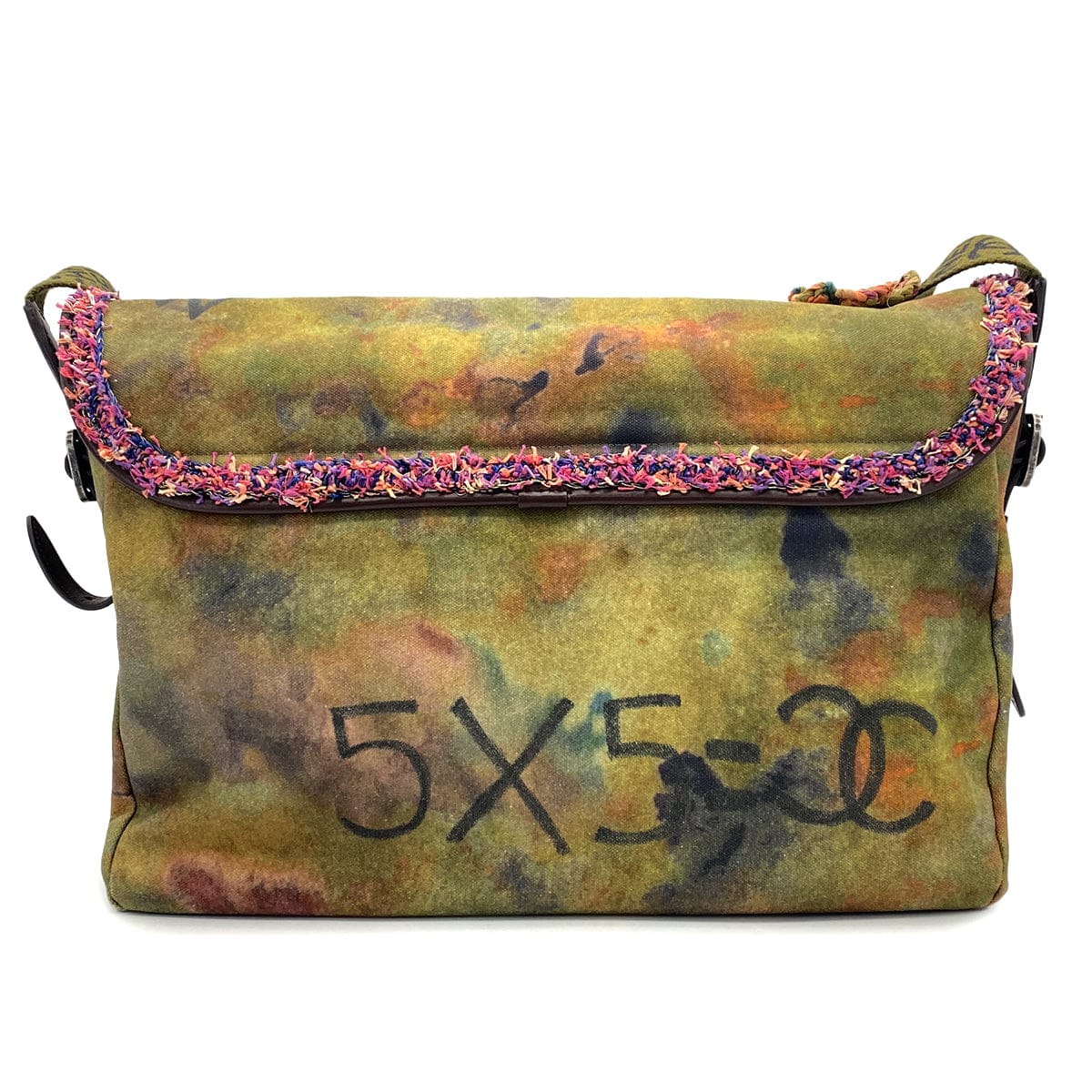 PURPOSE CHANEL EMBROIDERY GRAFFITI SHOULDER MESSENGER BAG KHAKI CANVAS LEATHER 90325599