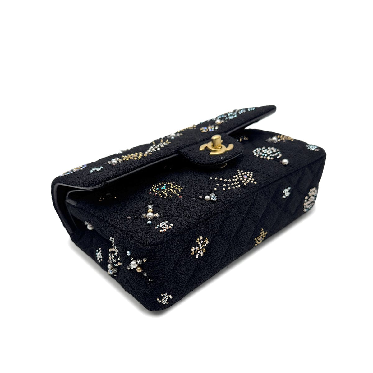 PURPOSE CHANEL MATELASSE CHAIN SHOULDER BAG BLACK TWEED BEADS RHINESTONE 90302336