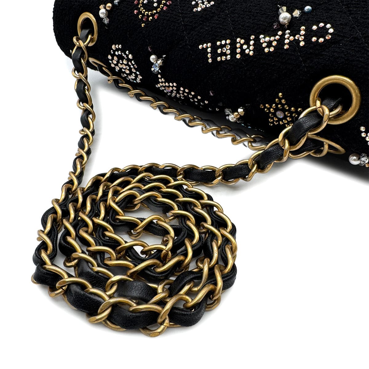 PURPOSE CHANEL MATELASSE CHAIN SHOULDER BAG BLACK TWEED BEADS RHINESTONE 90302336