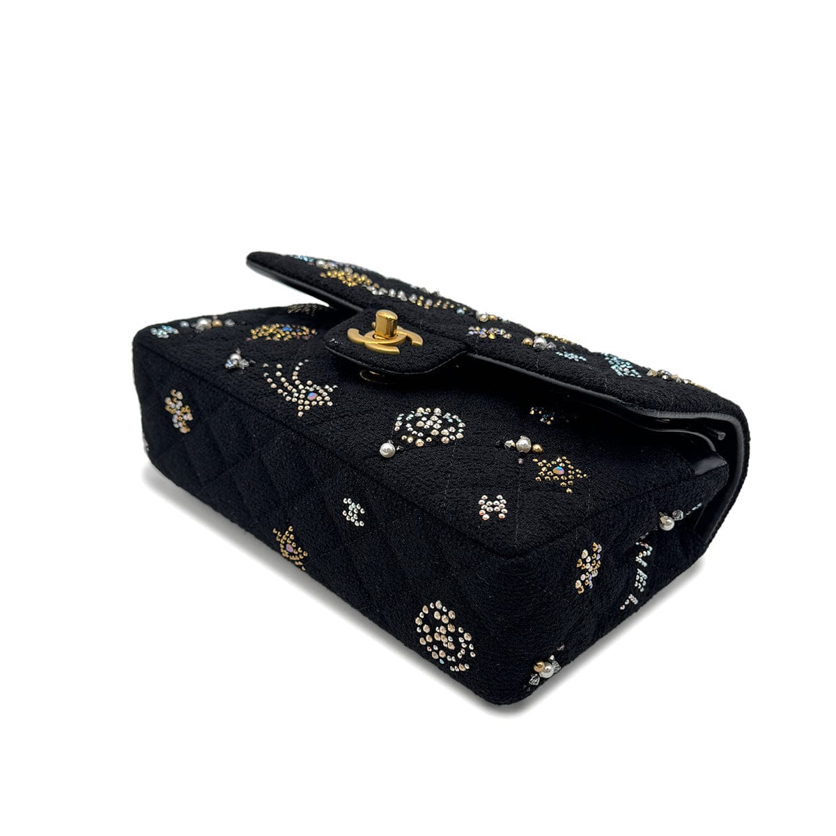 PURPOSE CHANEL MATELASSE CHAIN SHOULDER BAG BLACK TWEED BEADS RHINESTONE 90302336