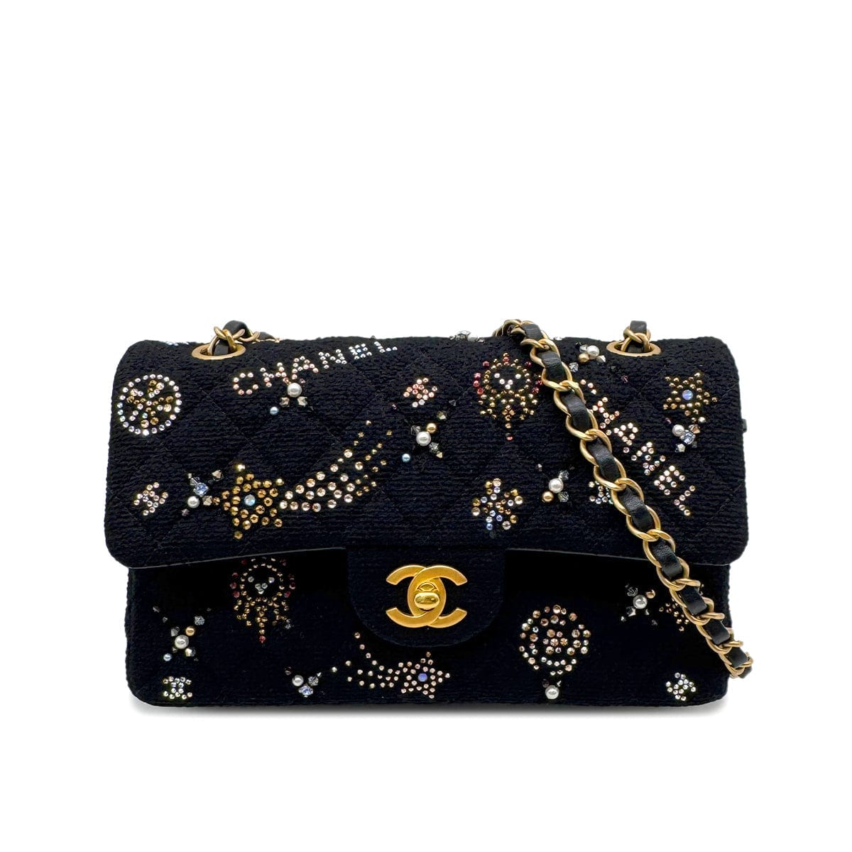 PURPOSE CHANEL MATELASSE CHAIN SHOULDER BAG BLACK TWEED BEADS RHINESTONE 90302336