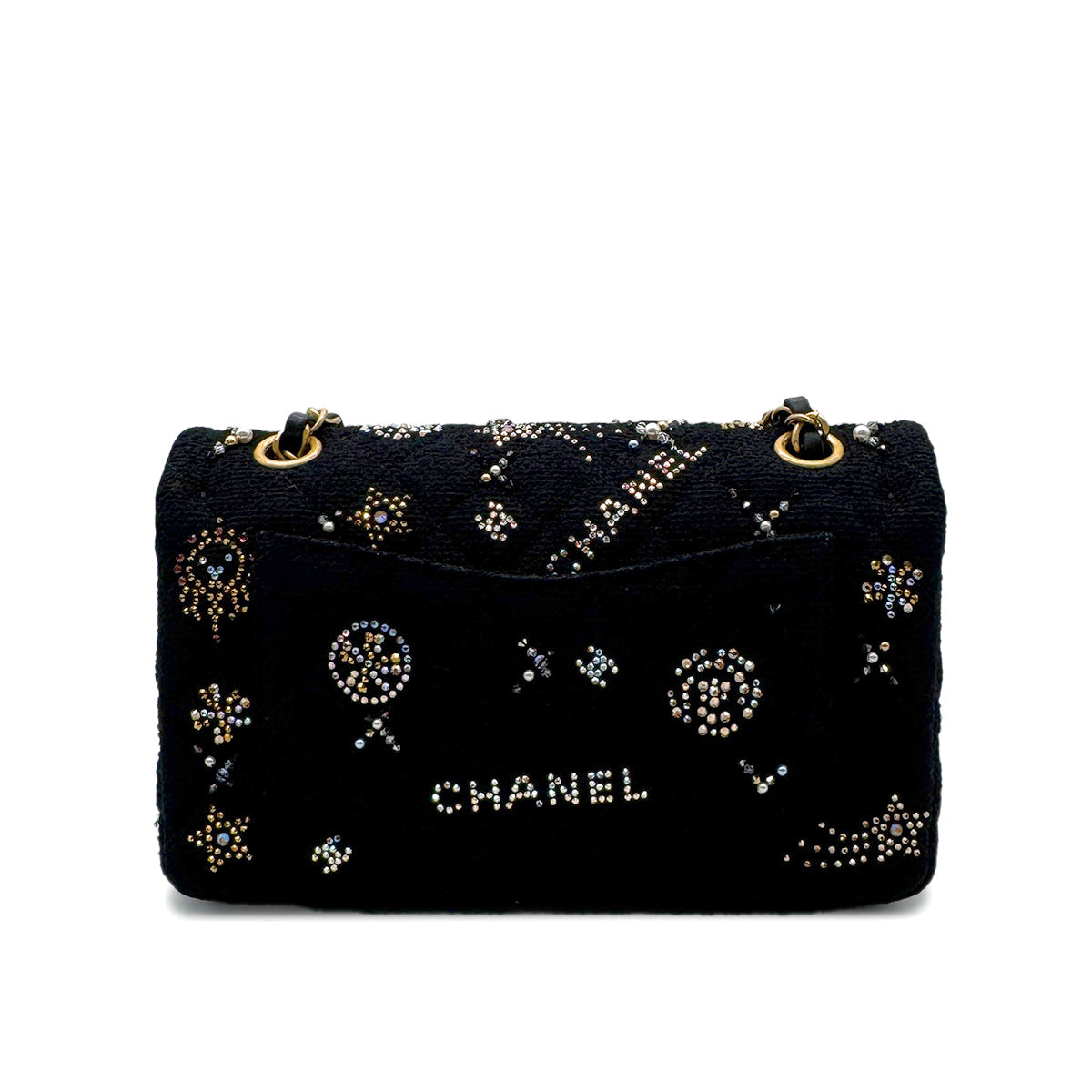 PURPOSE CHANEL MATELASSE CHAIN SHOULDER BAG BLACK TWEED BEADS RHINESTONE 90302336