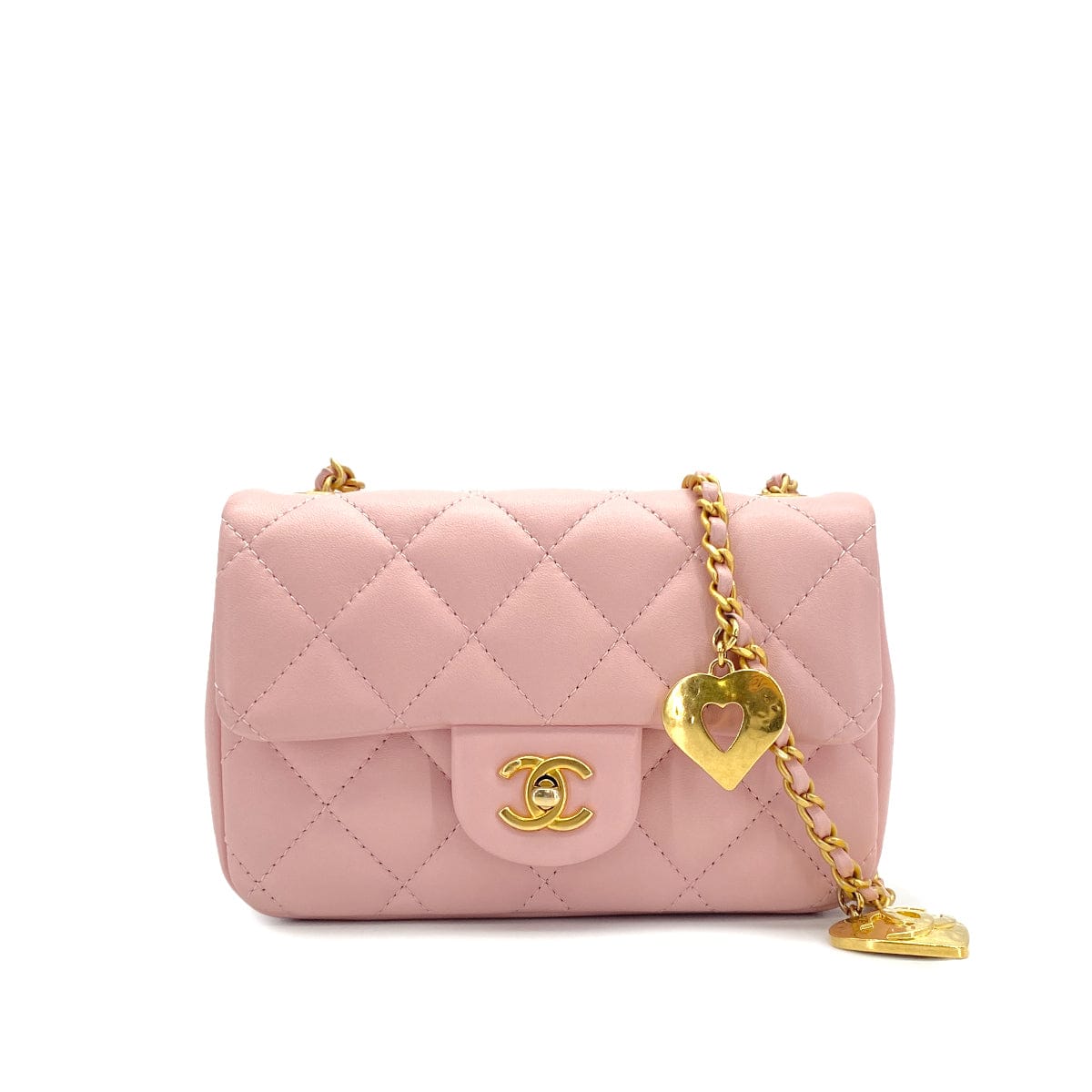 PURPOSE CHANEL MINI MATELASSE HEART CHARM CHAIN SHOULDER BAG PINK LAMB SKIN GOLD HARDWARE 90327292