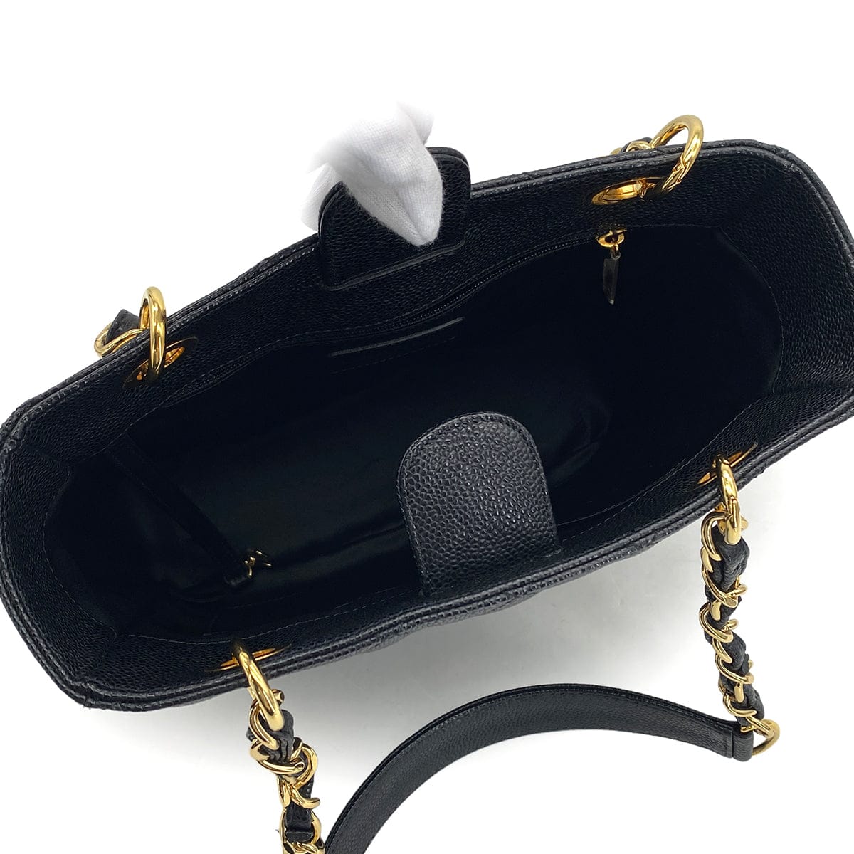 PURPOSE CHANEL PST CHAIN TOTE BAG BLACK CAVIAR SKIN GOLD HARDWARE 90327069