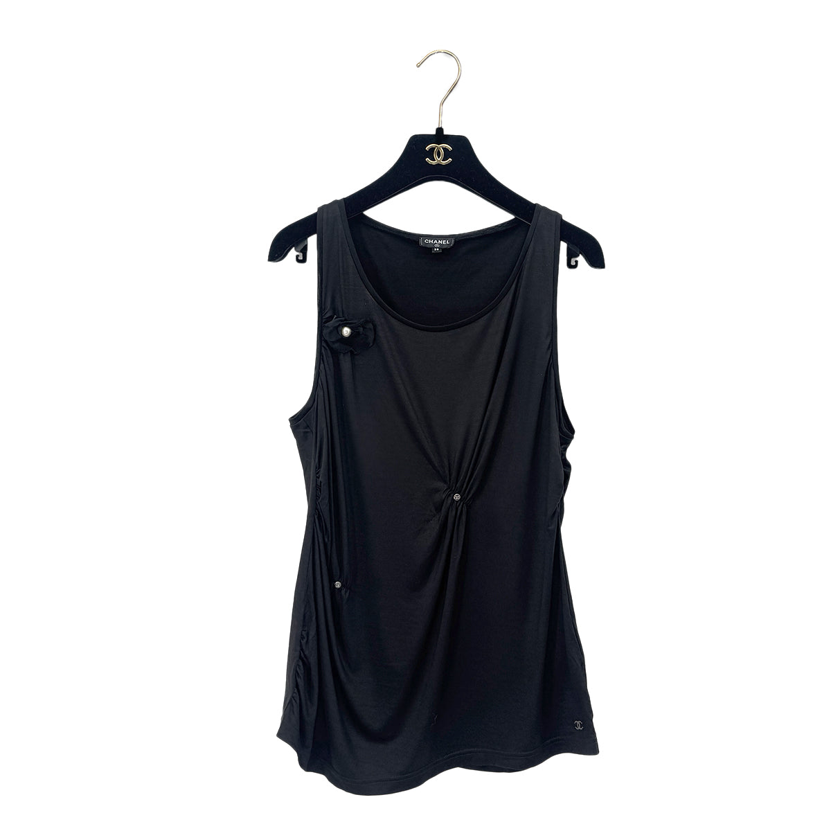 PURPOSE CHANEL SLEEVELESS TOPS CAMELLIA COCOMARK BLACK SILK 38 P58 RTW 90284010
