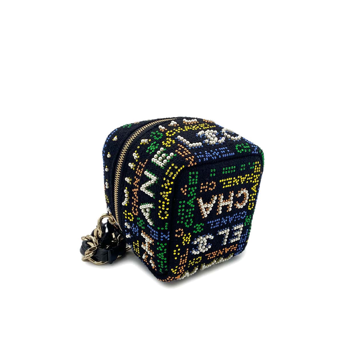 PURPOSE CHANEL VANITY LOGO COCOMARK RHINESTONE FAUX PEARL CHAIN HAND BAG MULTICOLOR CANVAS 90296684