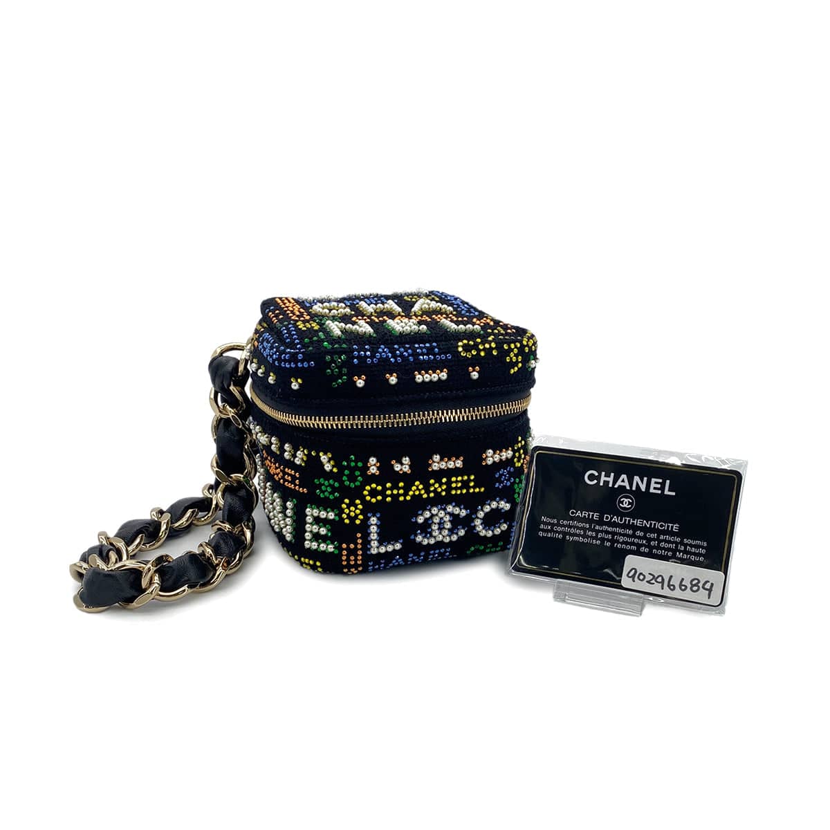 PURPOSE CHANEL VANITY LOGO COCOMARK RHINESTONE FAUX PEARL CHAIN HAND BAG MULTICOLOR CANVAS 90296684