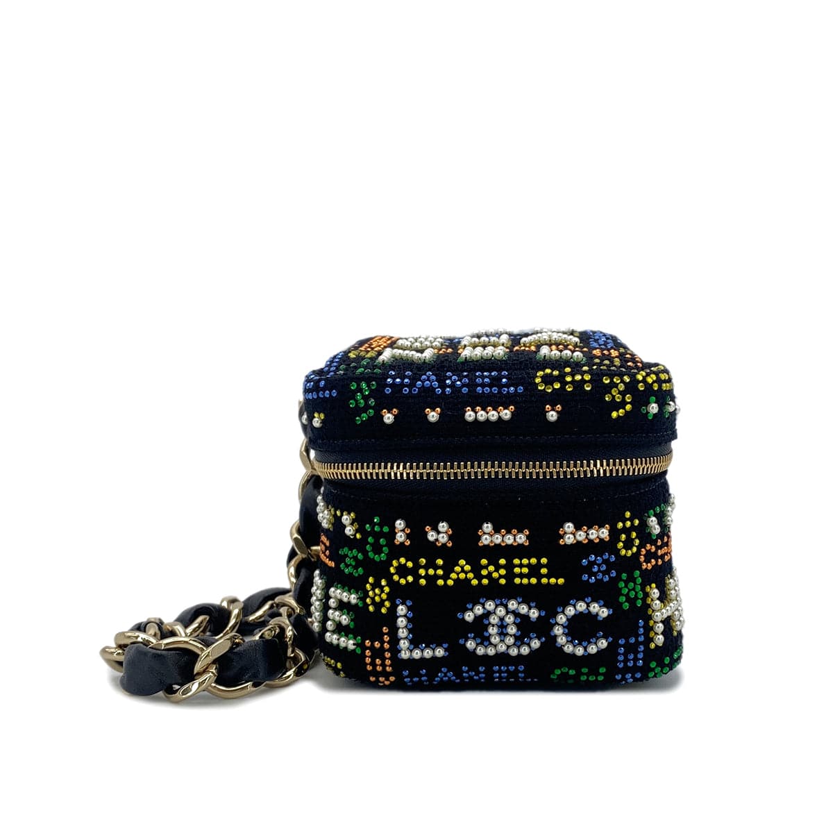 PURPOSE CHANEL VANITY LOGO COCOMARK RHINESTONE FAUX PEARL CHAIN HAND BAG MULTICOLOR CANVAS 90296684