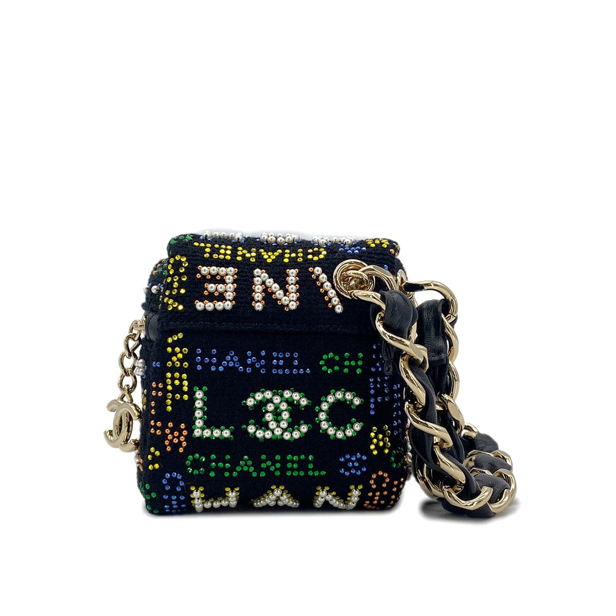 PURPOSE CHANEL VANITY LOGO COCOMARK RHINESTONE FAUX PEARL CHAIN HAND BAG MULTICOLOR CANVAS 90296684