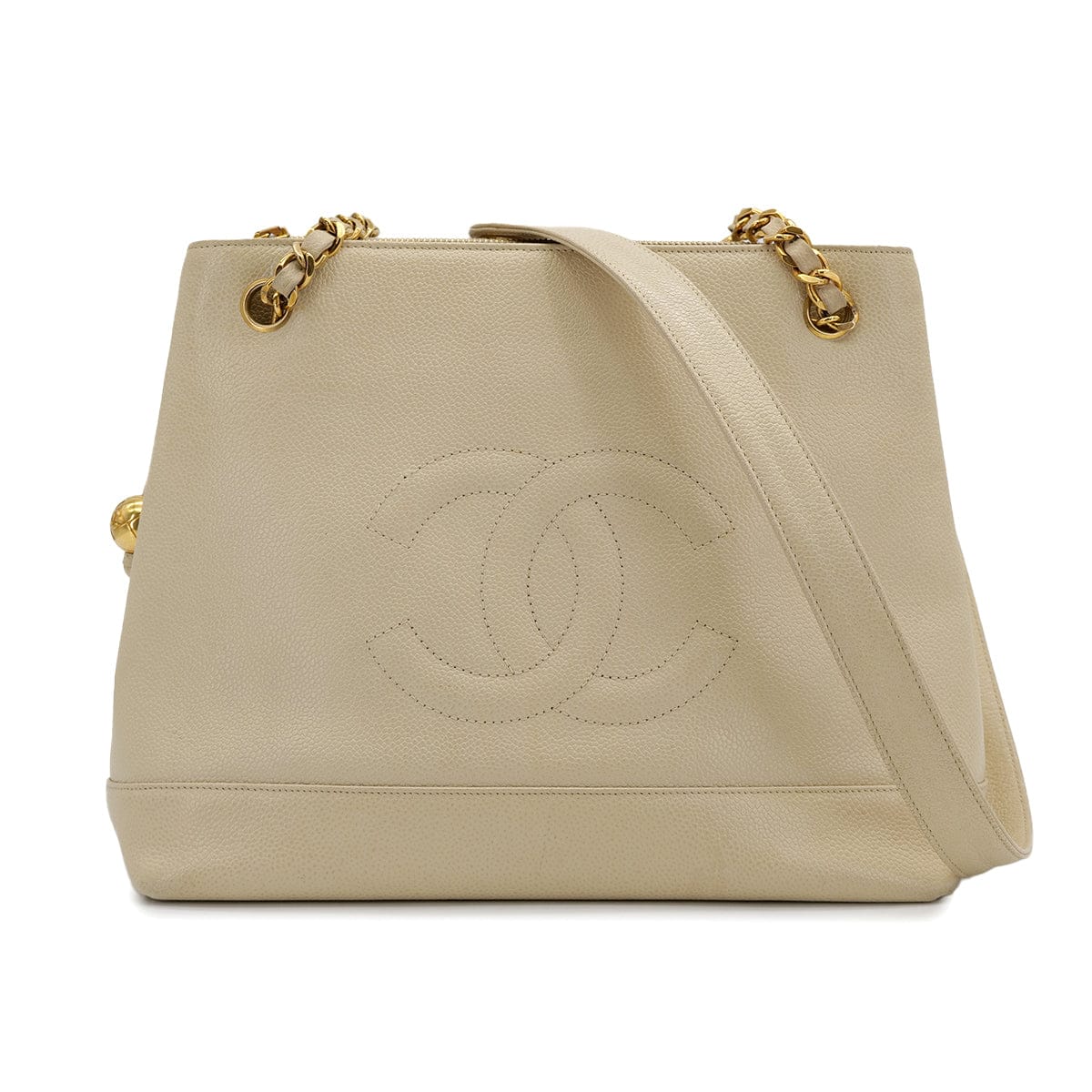 PURPOSE CHANEL VINTAGE BIG COCO CHAIN SHOULDER TOTE BAG BEIGE CAVIAR SKIN 90309817